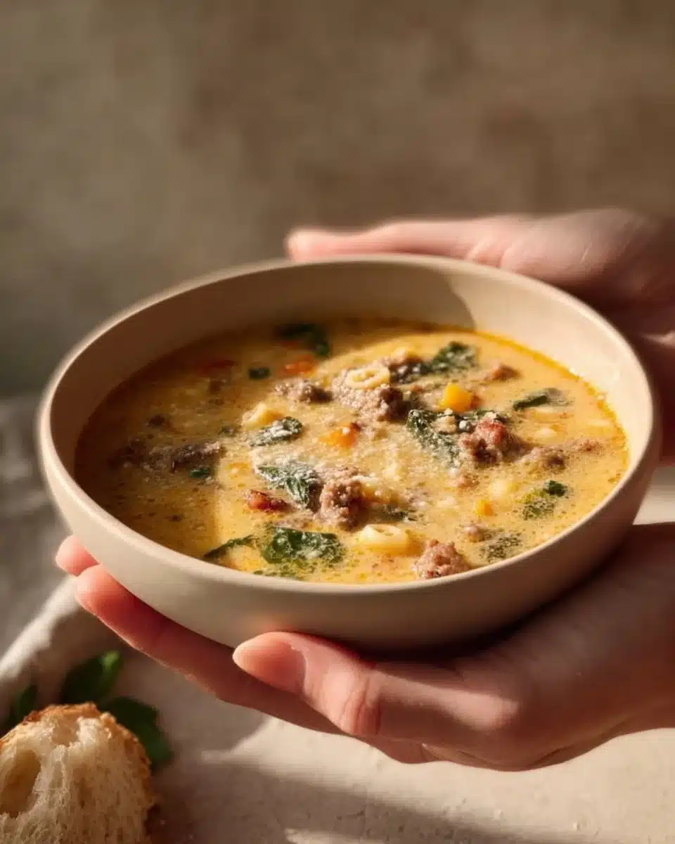 Italian Sausage Pasta Soup 1 Bowl of Italian Sausage Pasta Soup with fresh herbs and veggies