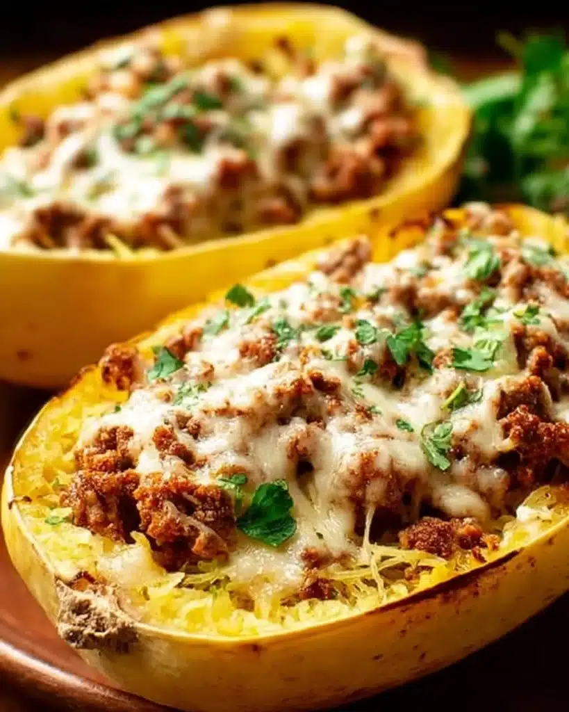 Delicious low carb stuffed spaghetti squash lasagna boats served in a baking dish