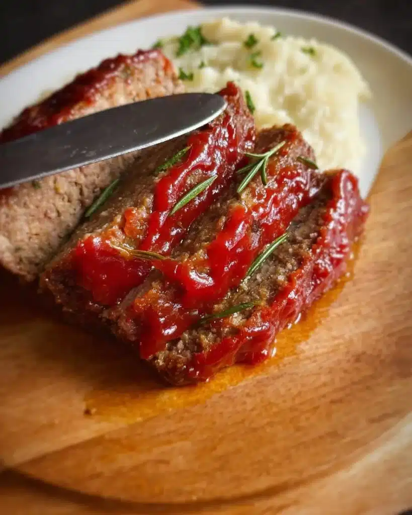 Meatloaf with tangy tomato glaze served on a plate
