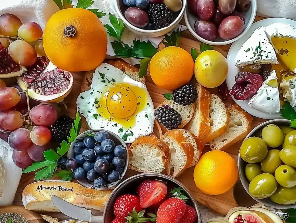 Mediterranean brunch board featuring olives, cheeses, and colorful vegetables.