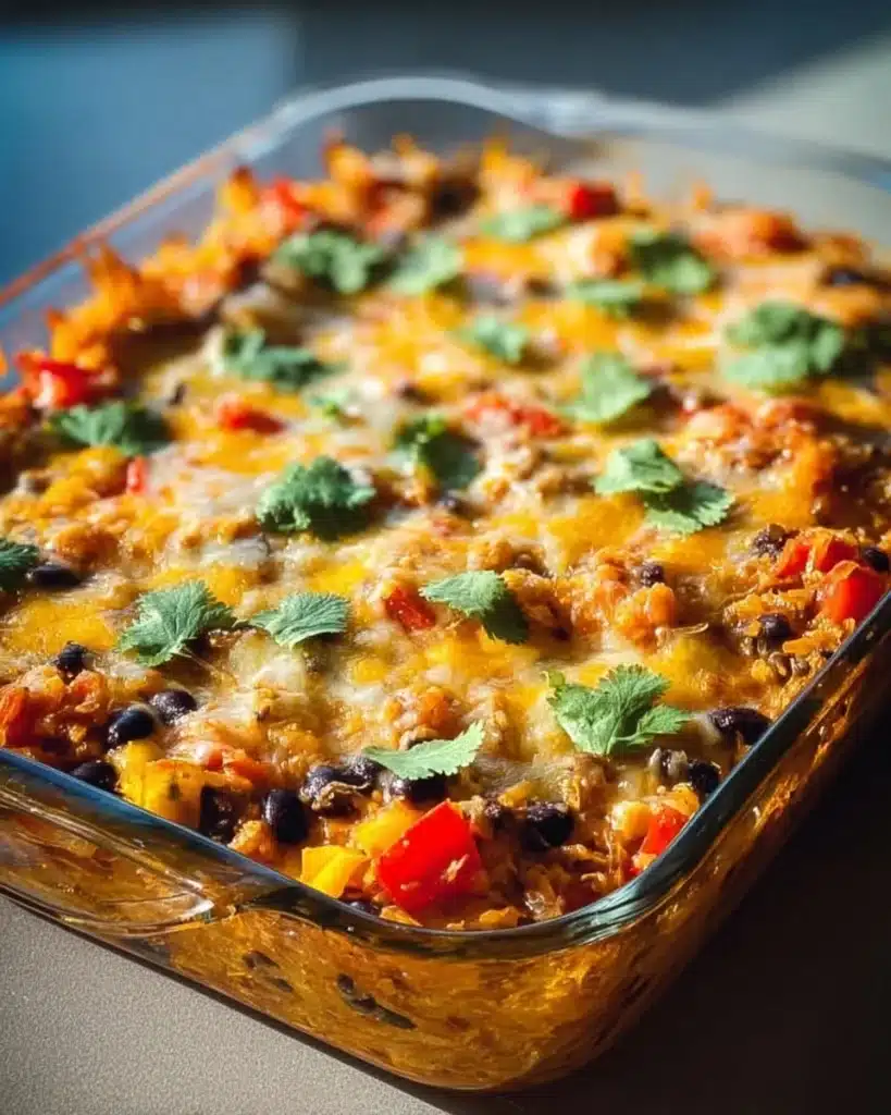 Delicious Mexican Spaghetti Squash Casserole topped with cheese and spices