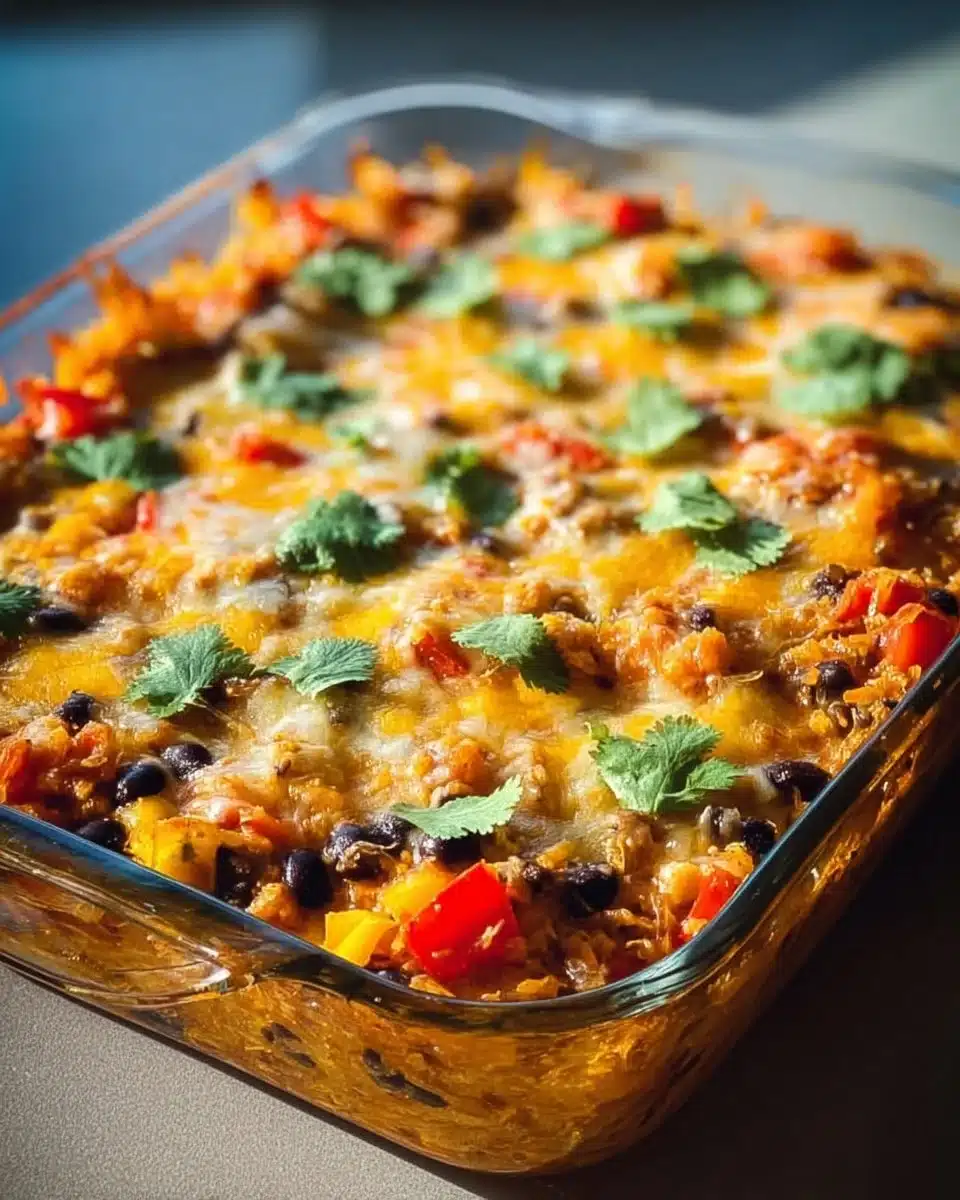 Delicious Mexican Spaghetti Squash Casserole topped with cheese and spices