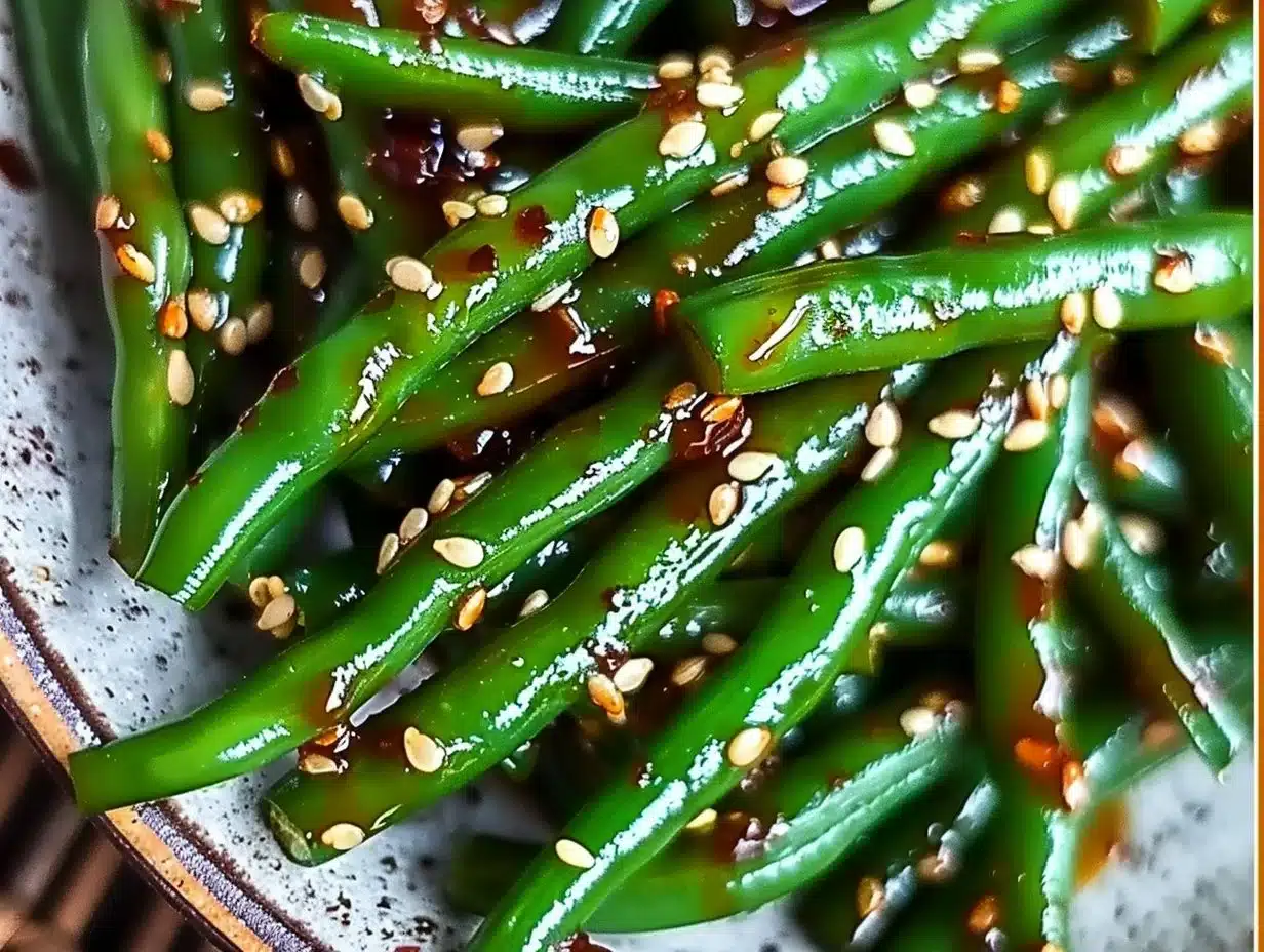Plate of miso green beans garnished with sesame seeds and sliced scallions