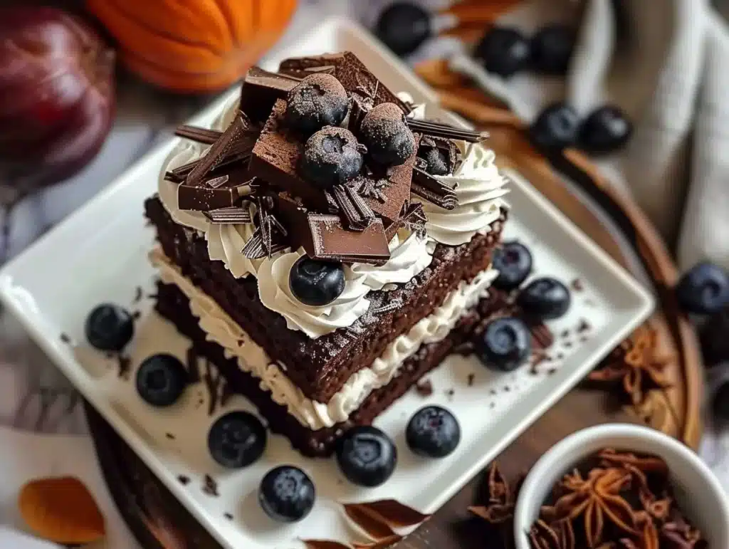 No-bake layered brownie dessert with chocolate and cream layers