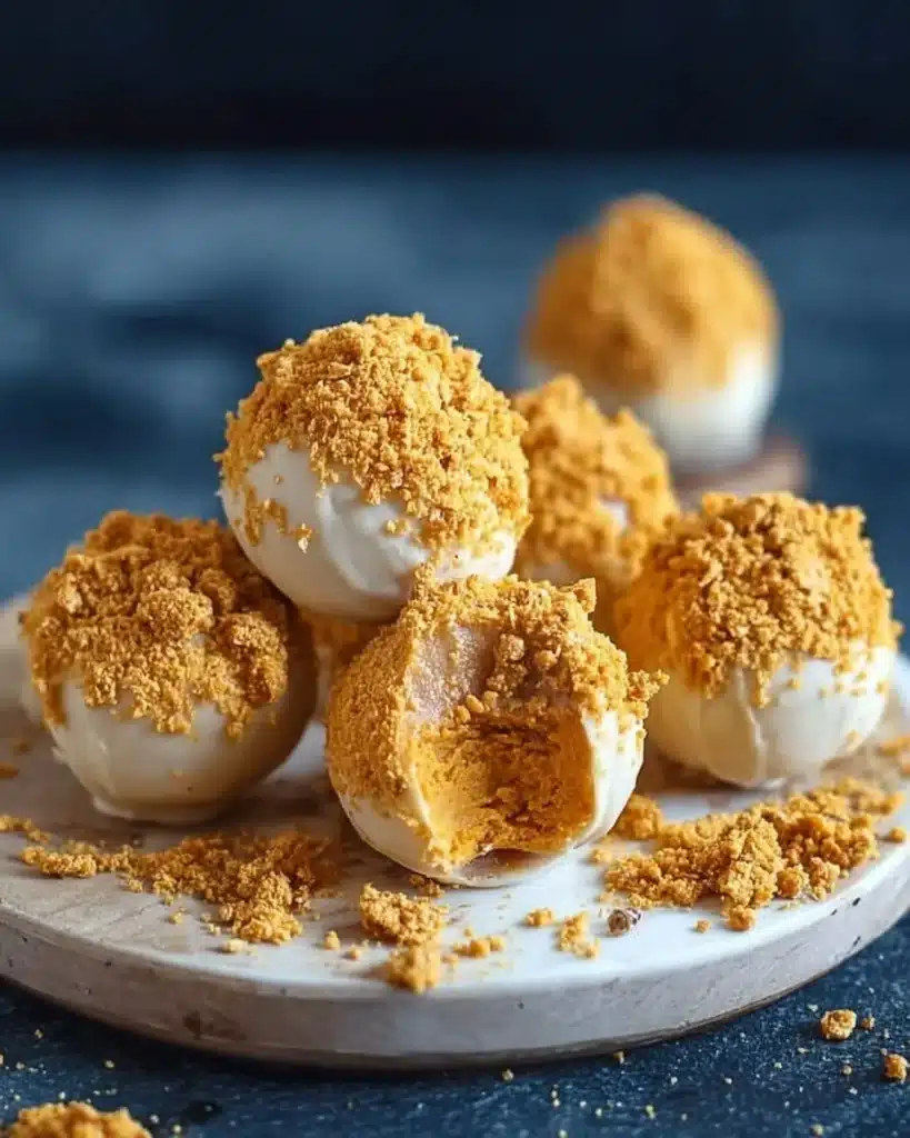 Delicious no bake pumpkin cheesecake balls dessert on a plate