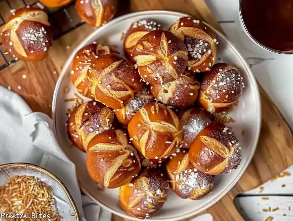 Freshly baked pretzel bites served with dipping sauces
