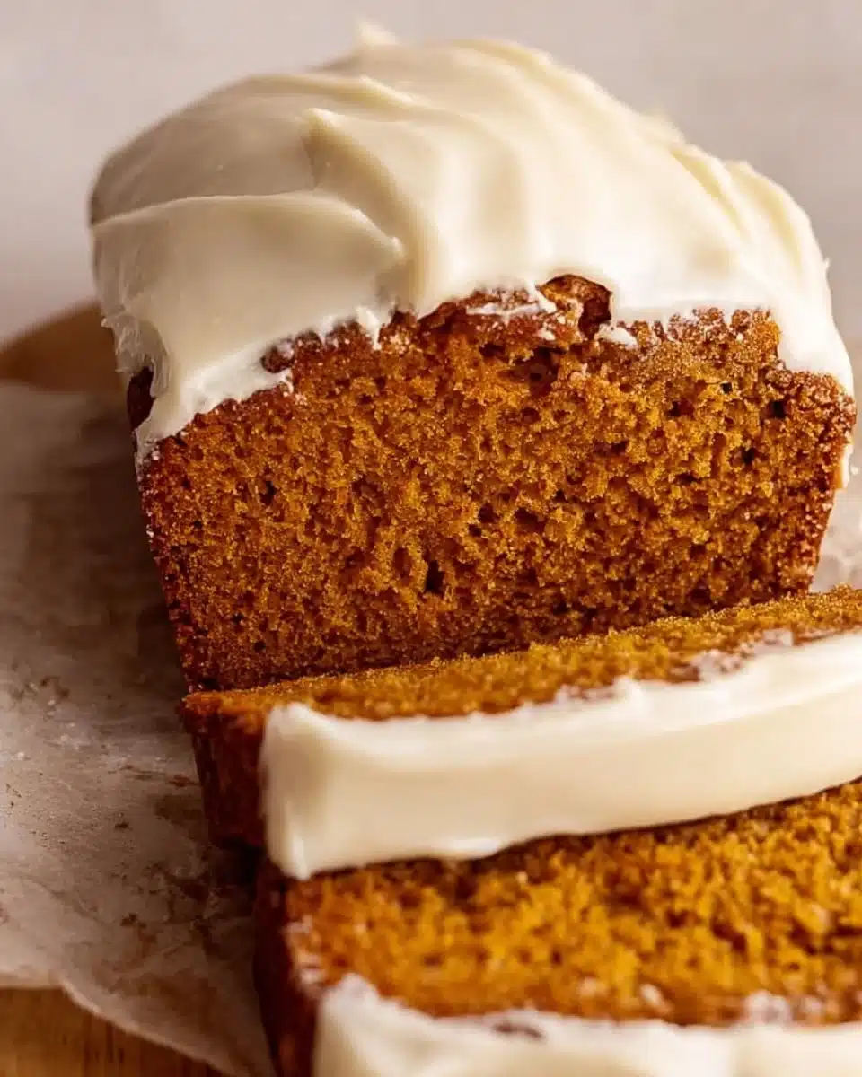 Delicious pumpkin bread topped with cream cheese frosting