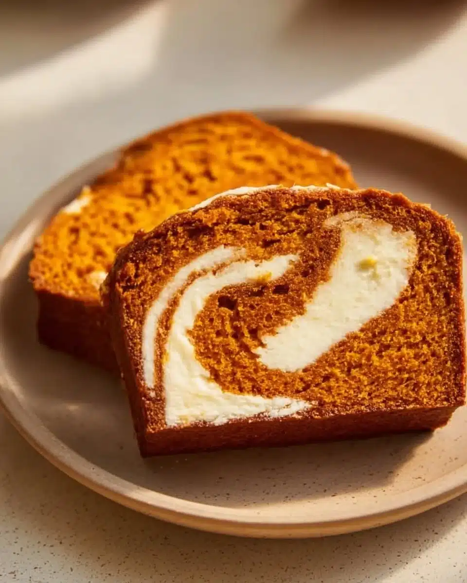 Delicious pumpkin bread with cream cheese swirl baked to perfection.