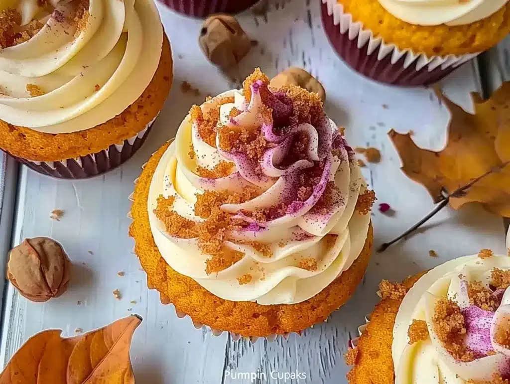 Delicious pumpkin cupcakes with cream cheese frosting on a rustic wooden table