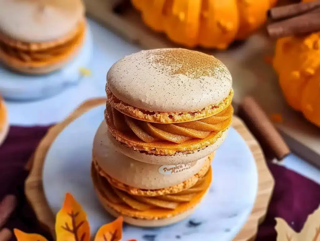 Delicious pumpkin pie macarons with creamy filling and almond shells