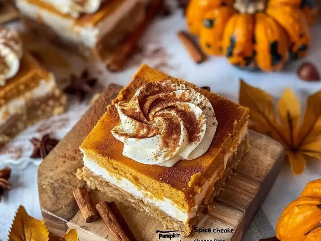 Delicious pumpkin spice cheesecake bars topped with whipped cream and cinnamon.