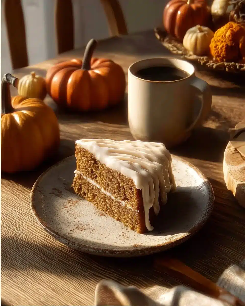 Delicious Pumpkin Spice Latte Cake topped with creamy frosting and autumn spices