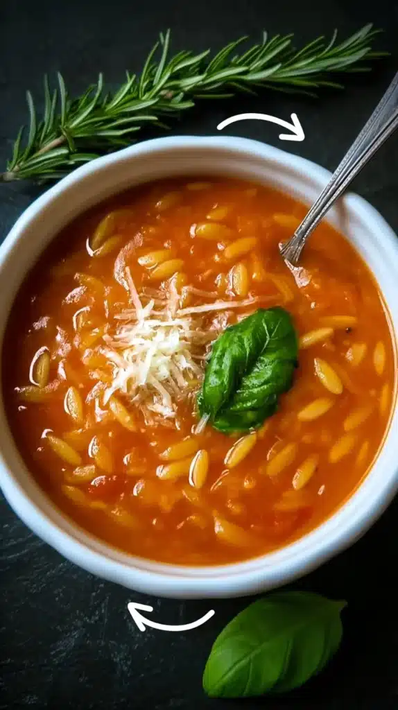Bowl of quick Tomato Orzo Soup with fresh ingredients