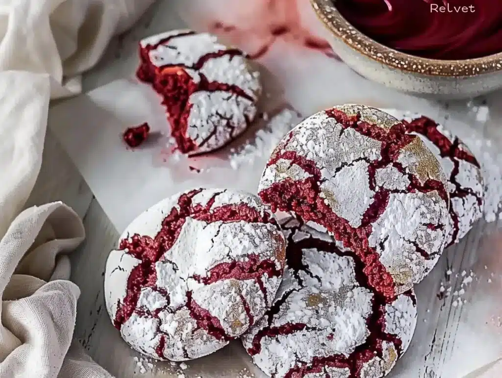 Delicious Red Velvet Crinkle Cookies with a soft and chewy texture.