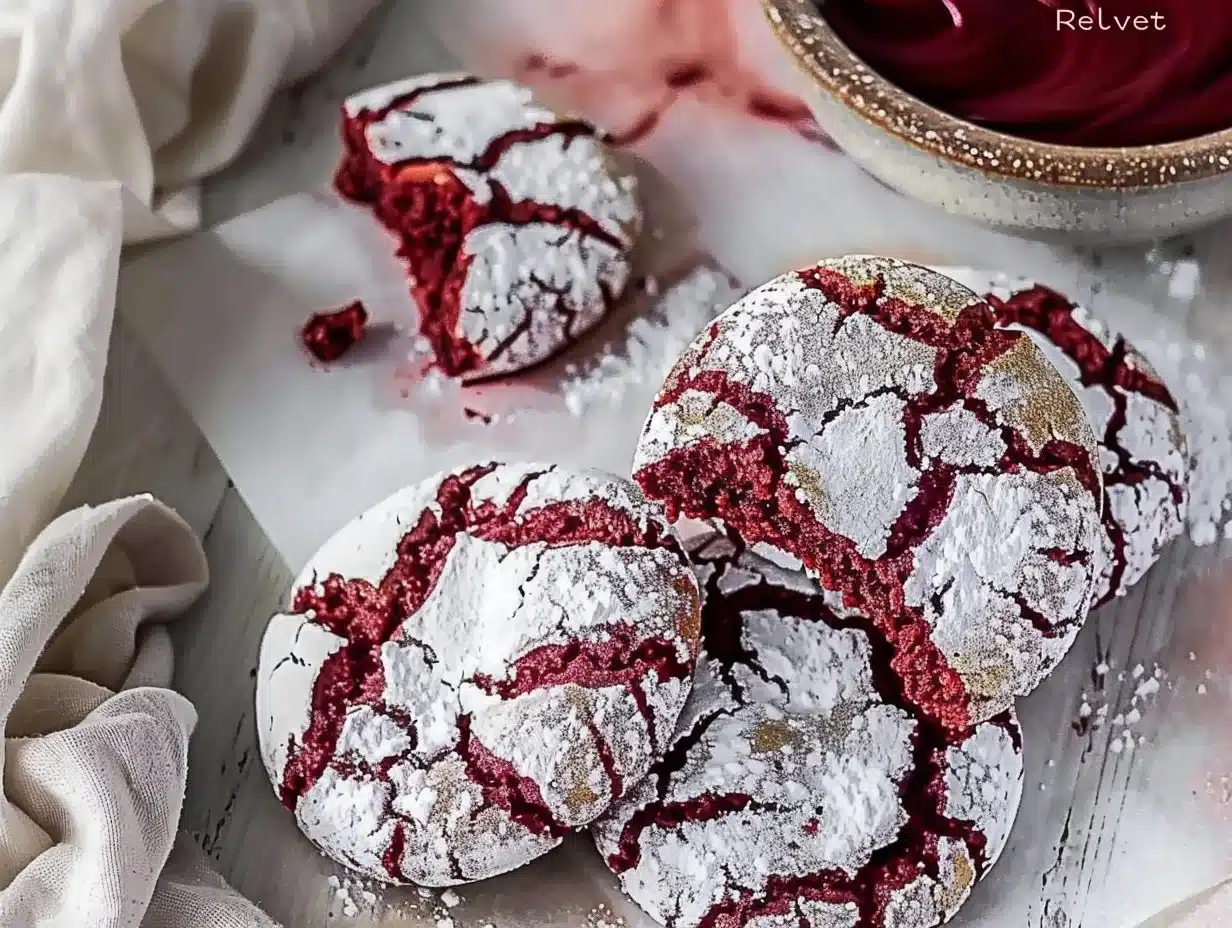 Delicious Red Velvet Crinkle Cookies with a soft and chewy texture.