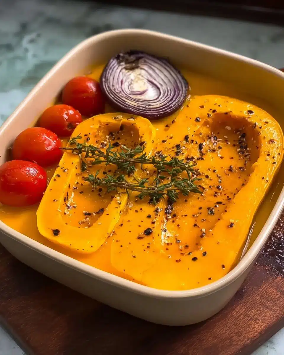 Bowl of creamy roasted butternut squash soup garnished with herbs