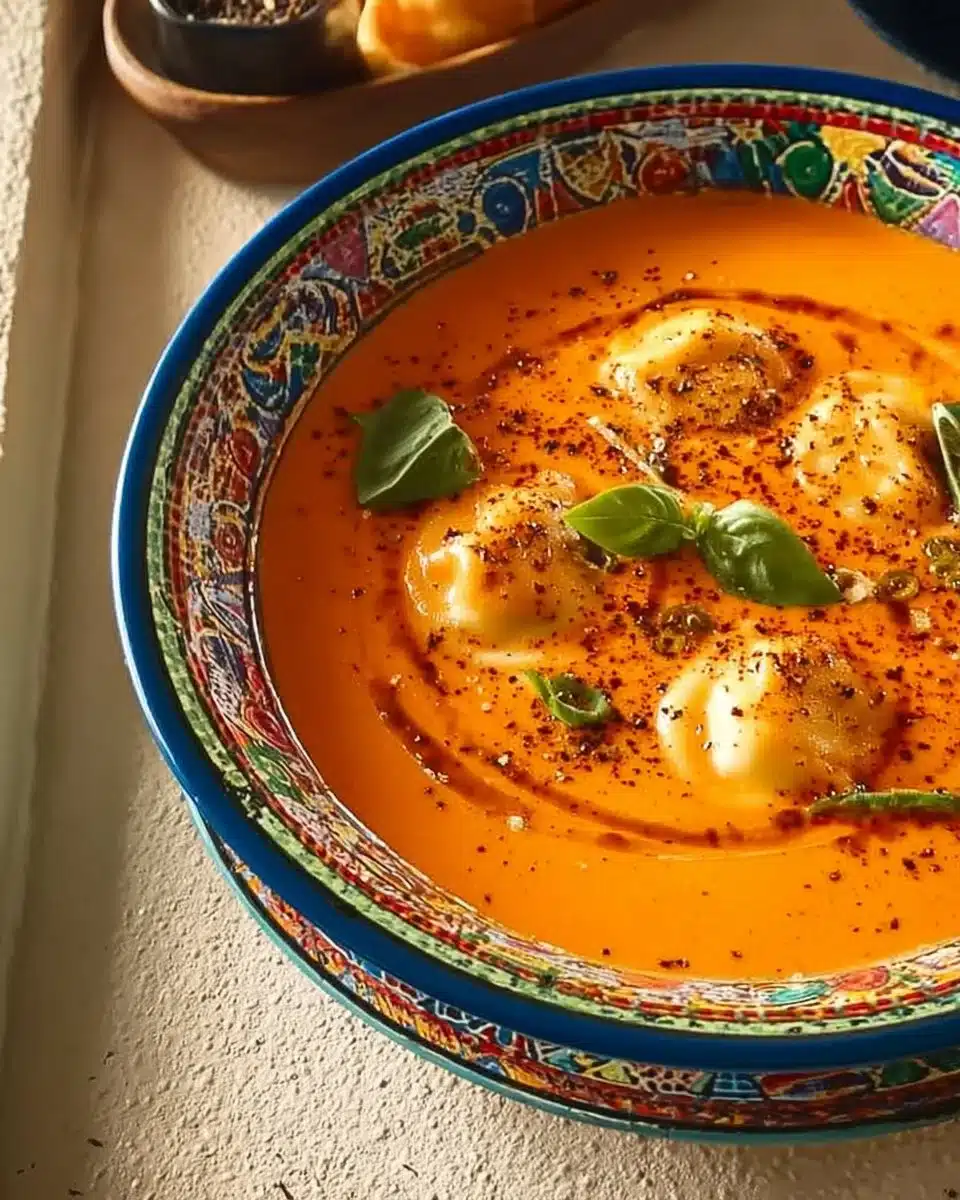 Bowl of roasted red pepper ravioli soup garnished with herbs and spices
