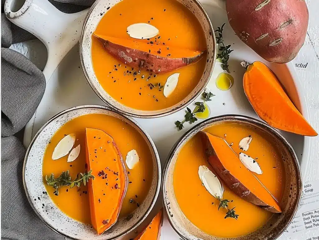Bowl of creamy roasted sweet potato soup topped with herbs and spices.
