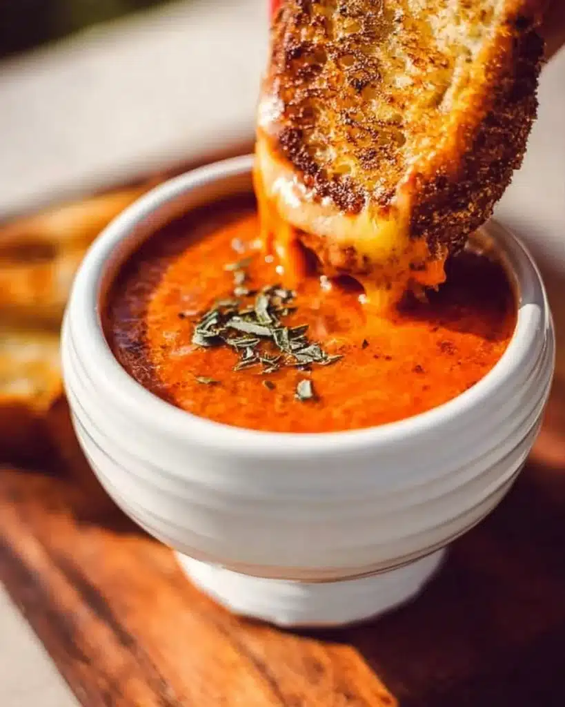 Bowl of Roasted Tomato Basil Soup garnished with fresh basil leaves.