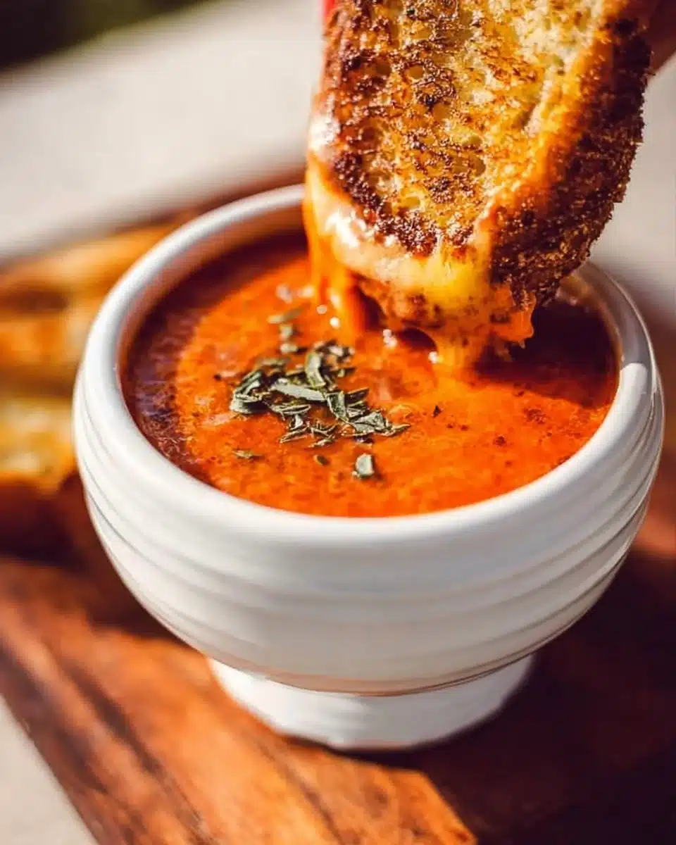 Bowl of Roasted Tomato Basil Soup garnished with fresh basil leaves.