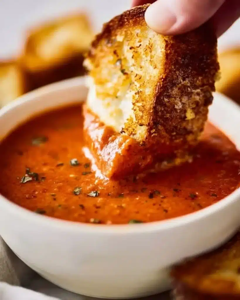 Bowl of roasted tomato basil soup garnished with fresh basil leaves