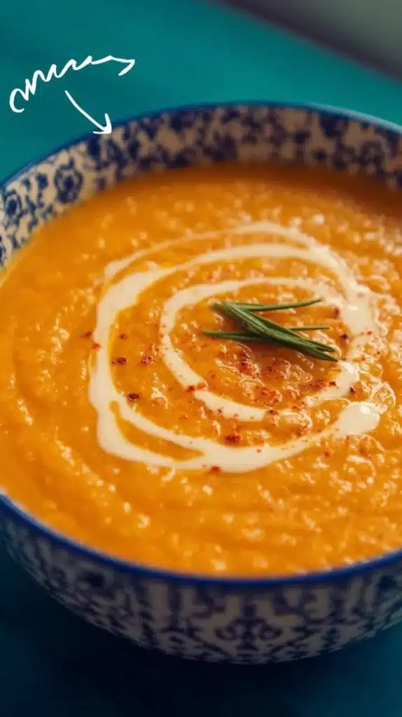 Bowl of smooth and creamy roasted vegetable soup garnished with fresh herbs
