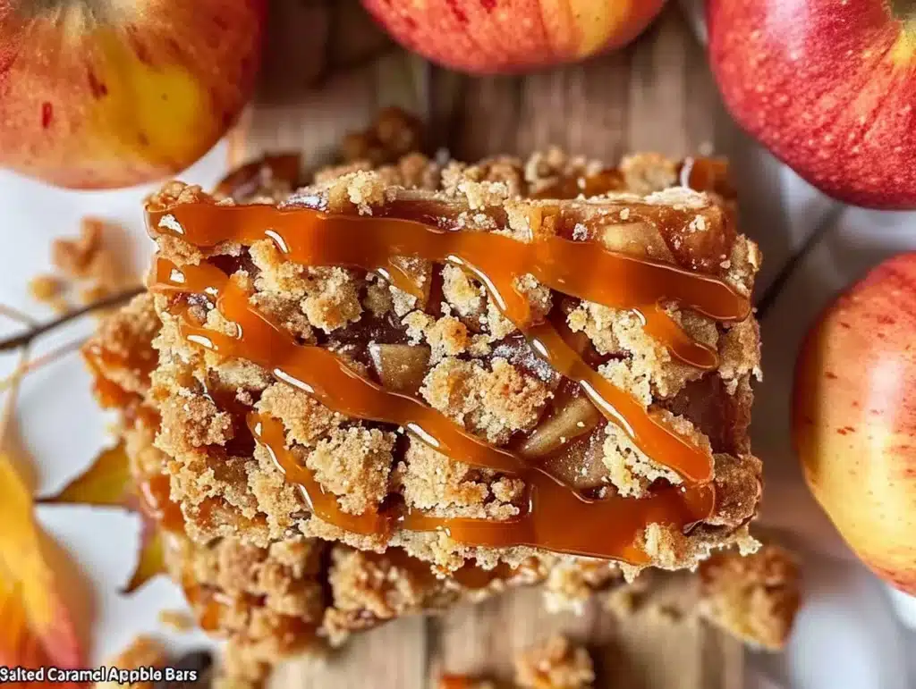 Delicious salted caramel apple crumble bars with a golden crust and caramel drizzle.