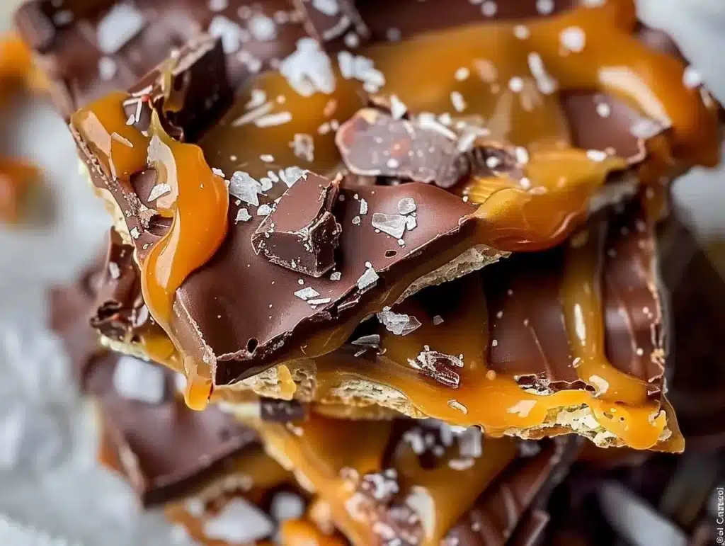 Delicious homemade salted caramel pretzel bark topped with chocolate
