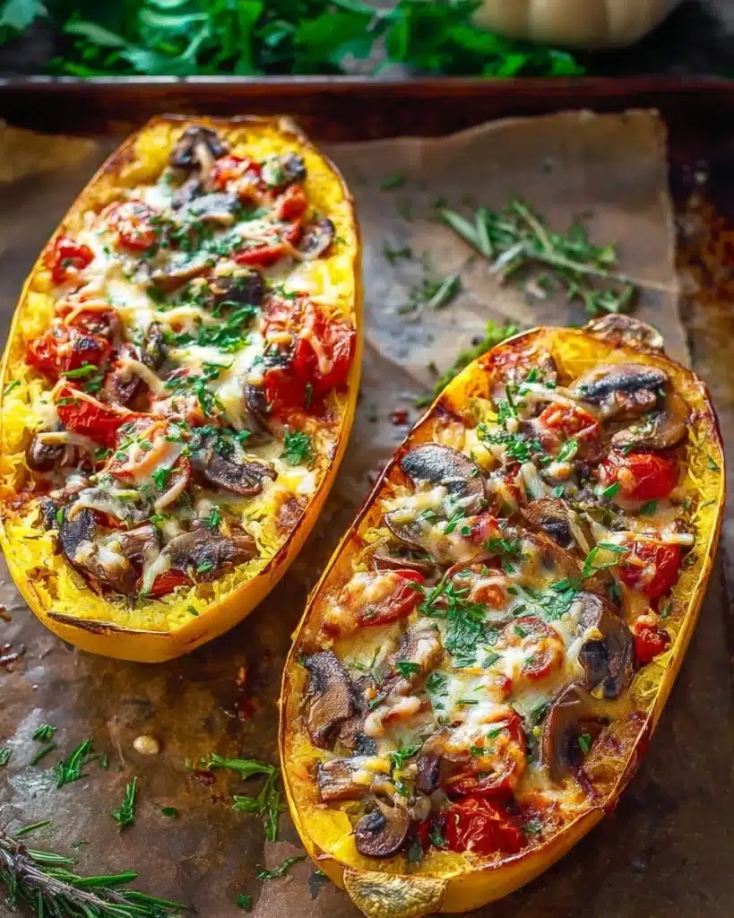 Sausage stuffed spaghetti squash with spinach, tomatoes, and Parmesan cheese