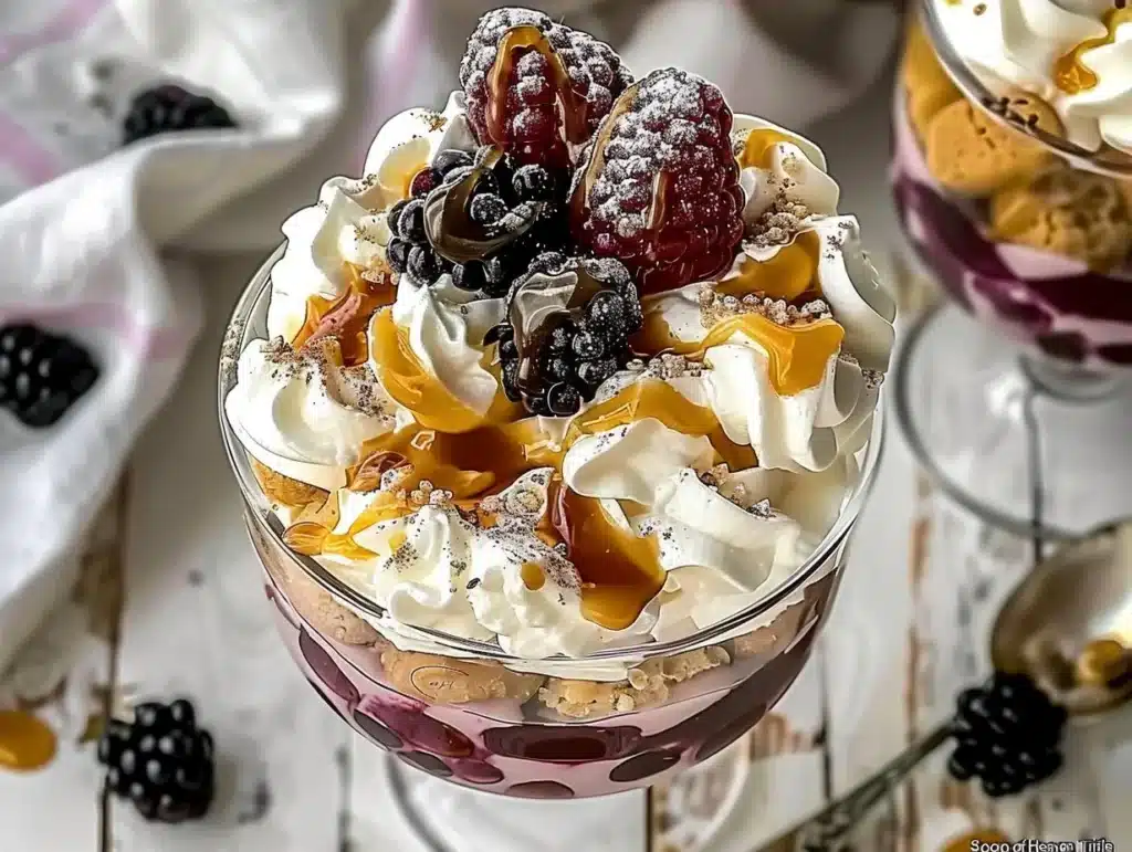 Delicious Scoop of Heaven Trifle dessert in a glass with layers of cream and fruit