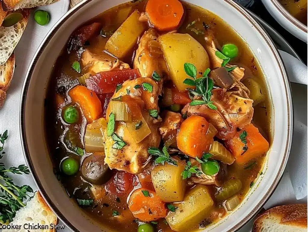 Bowl of slow cooker chicken stew with vegetables and herbs