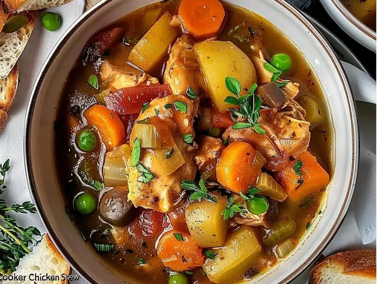 Bowl of slow cooker chicken stew with vegetables and herbs