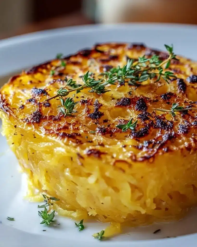 Delicious Spaghetti Squash Au Gratin dish topped with cheese and herbs