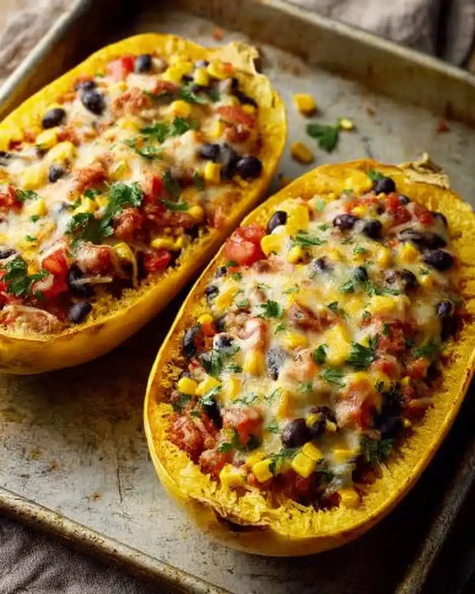 Spaghetti squash burrito bowls topped with fresh ingredients and spices