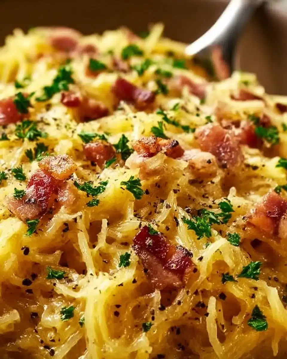 Spaghetti Squash Carbonara 1 Plate of spaghetti squash carbonara with creamy sauce and toppings
