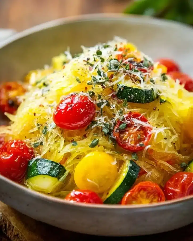 Bowl of Spaghetti Squash Primavera with fresh vegetables and herbs