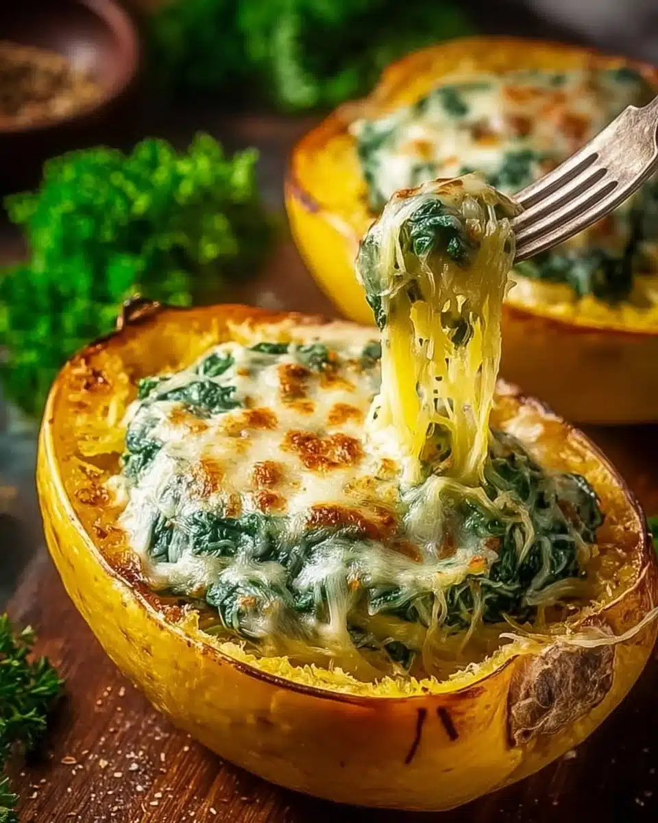 Spinach stuffed spaghetti squash topped with creamy Parmesan sauce