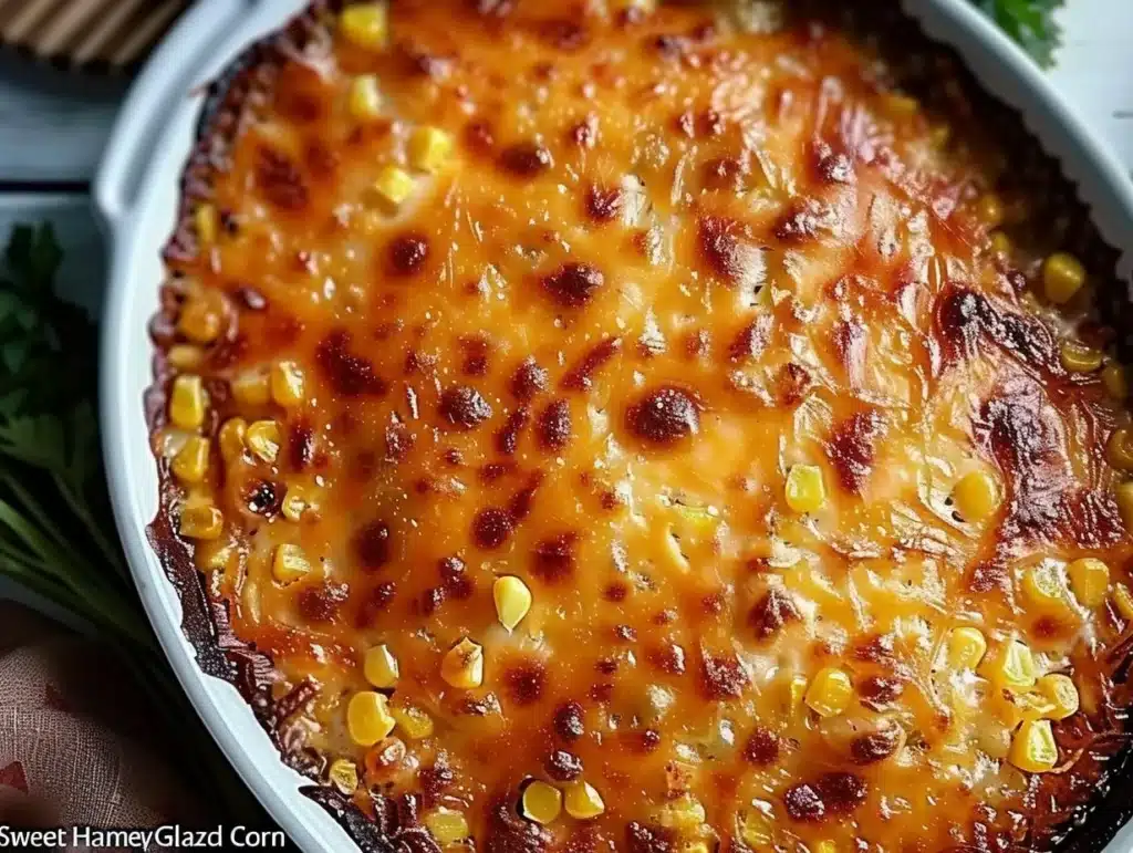 Honey-glazed corn casserole served in a dish, perfect for gatherings and family dinners.