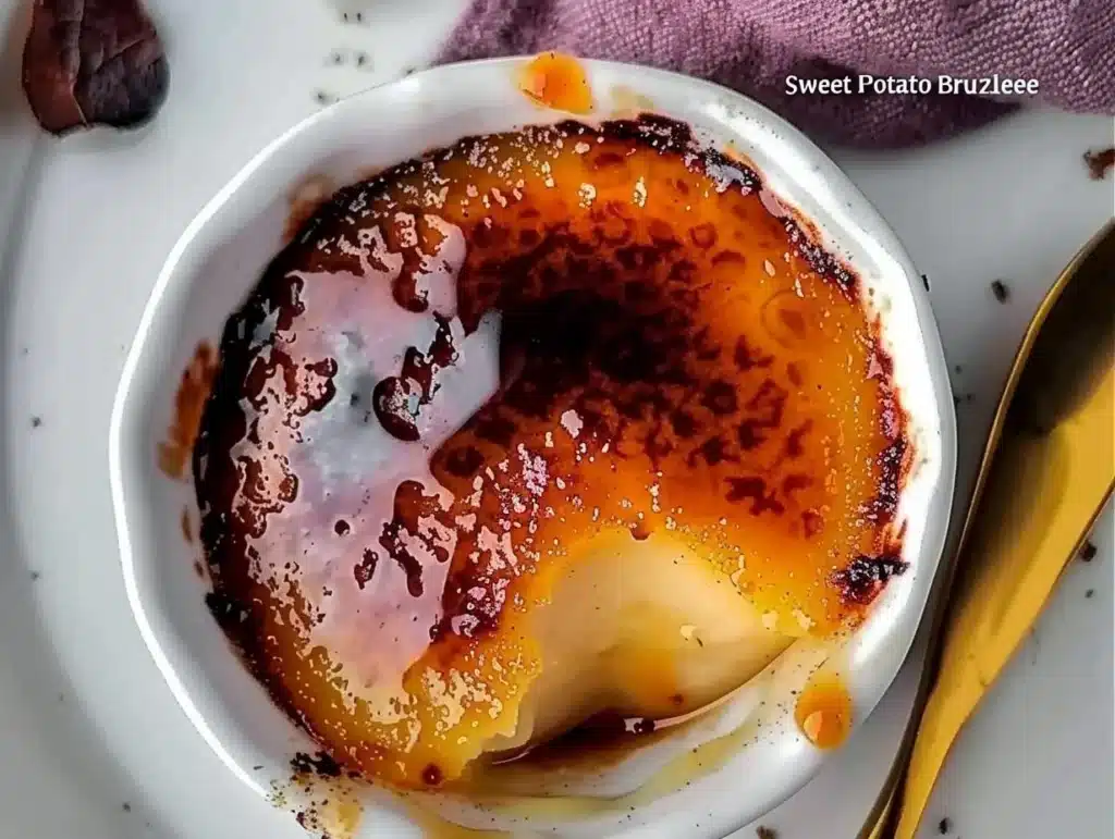 Delicious Sweet Potato Crème Brûlée dessert with caramelized sugar topping.