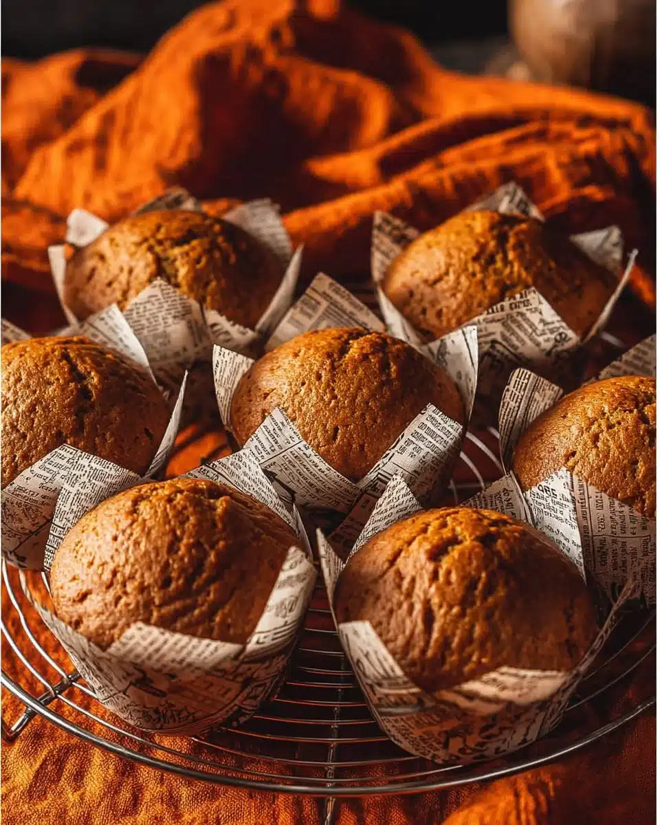 Freshly baked pumpkin muffins topped with cinnamon and served on a wooden platter