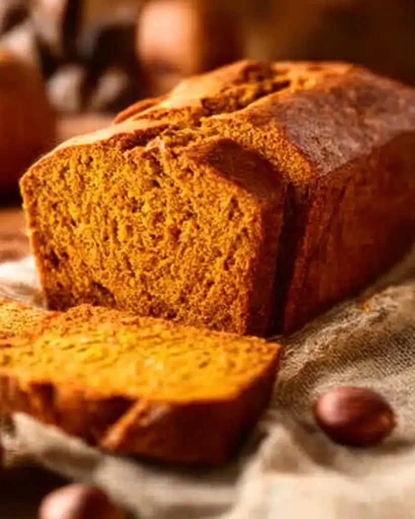 Deliciously moist pumpkin bread loaf with spices and rich pumpkin flavor