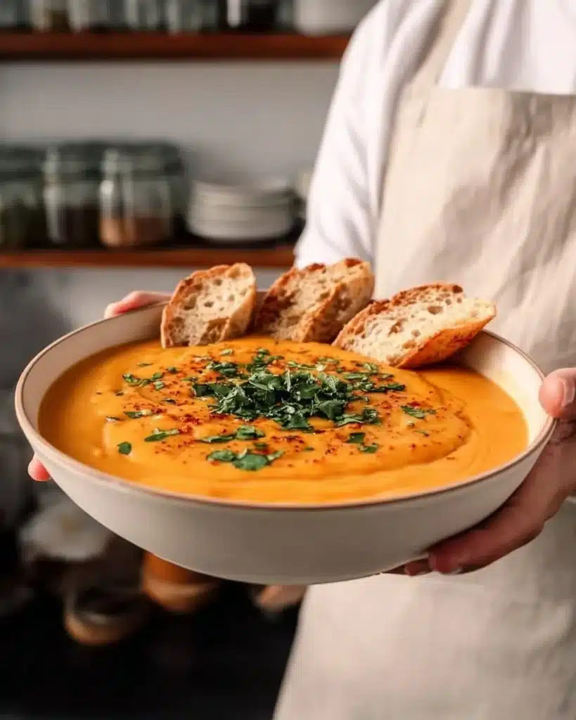 Bowl of Turkish Red Lentil Soup topped with fresh herbs