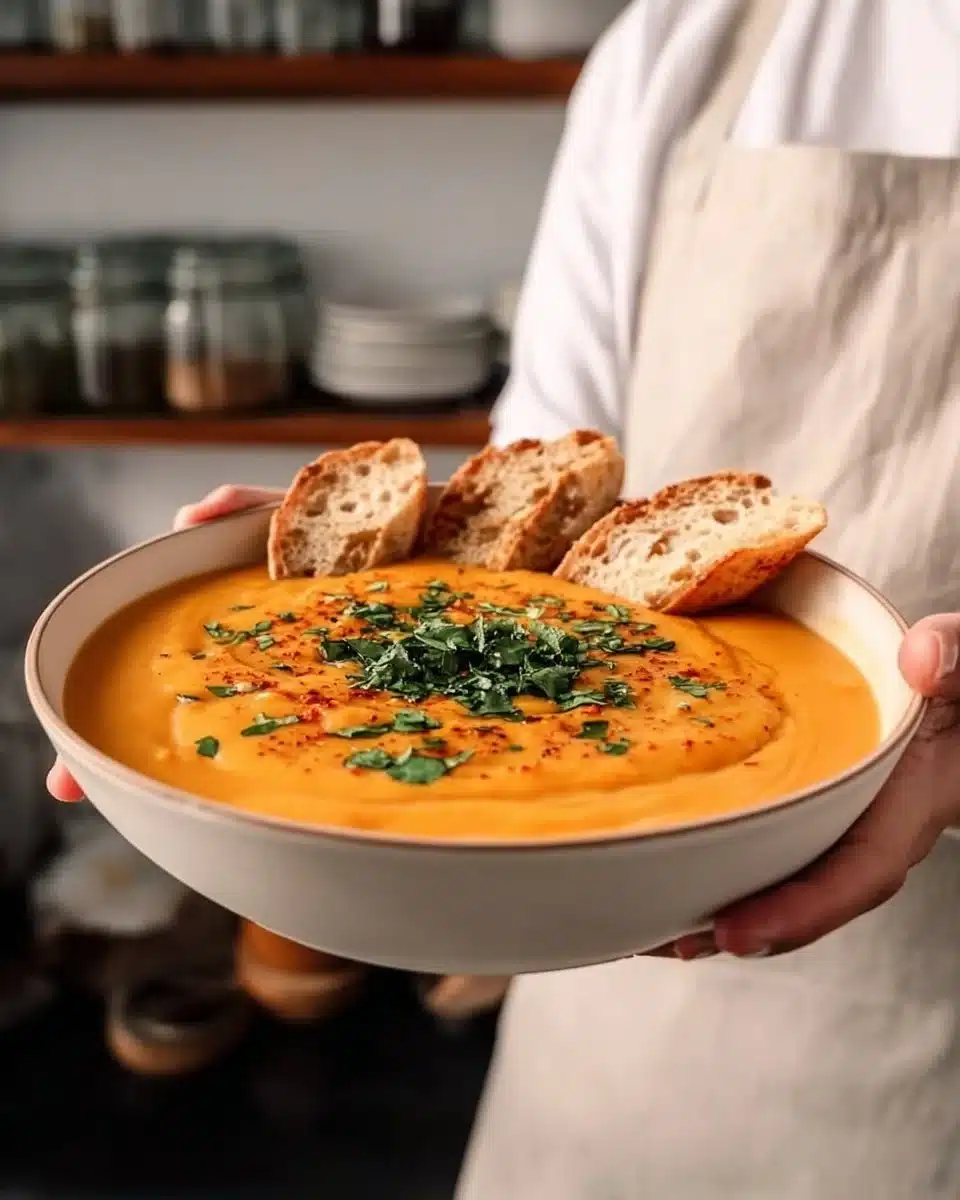 Bowl of Turkish Red Lentil Soup topped with fresh herbs