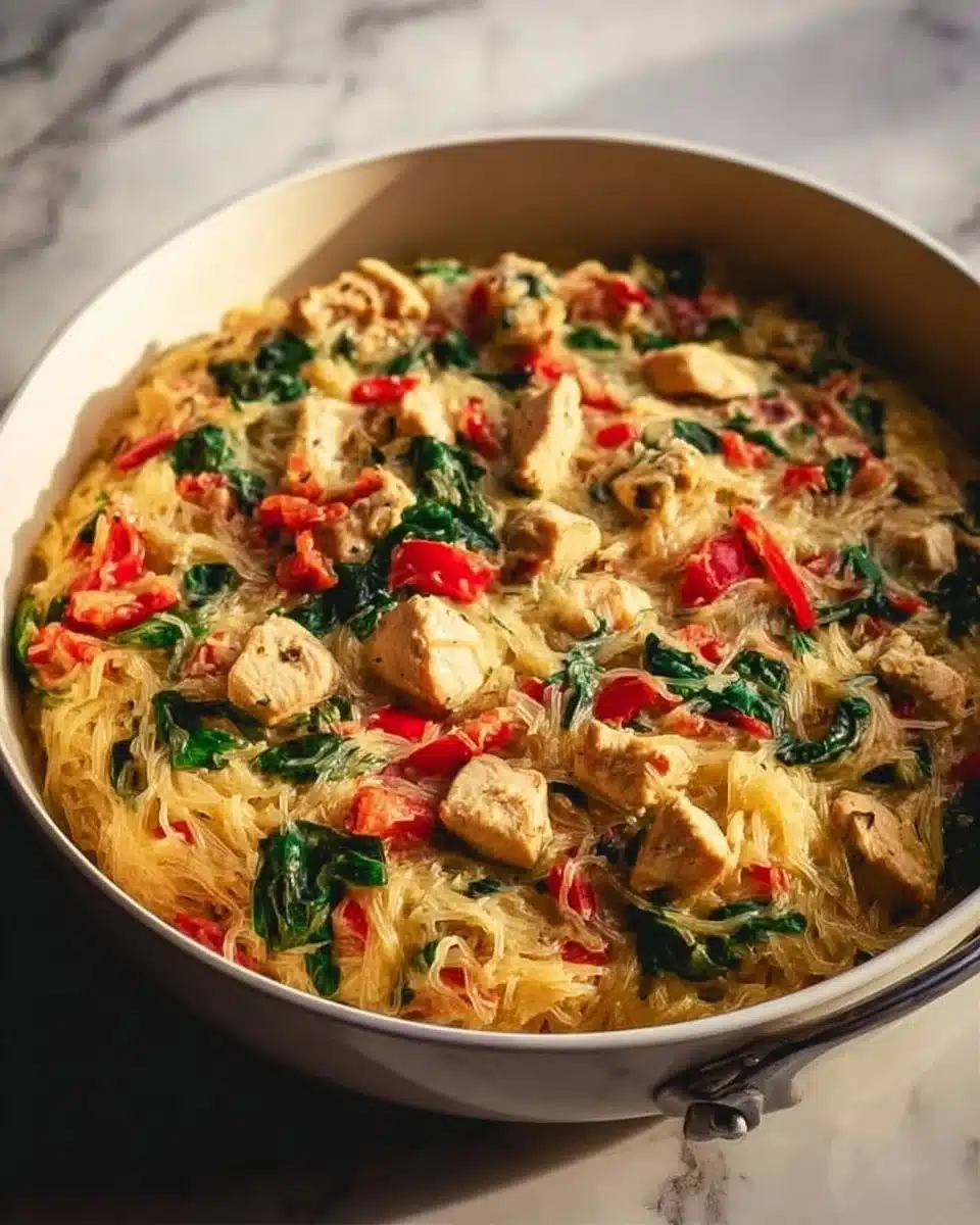 Tuscan Chicken and Spaghetti Squash Recipe 1 Plate of Tuscan Chicken served with roasted spaghetti squash