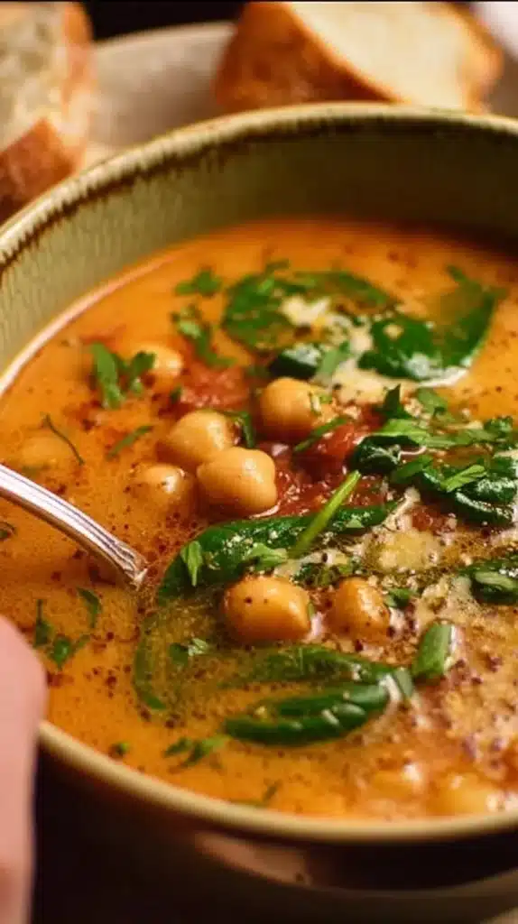 Delicious bowl of Tuscan Garbanzo Bean Soup with herbs and spices
