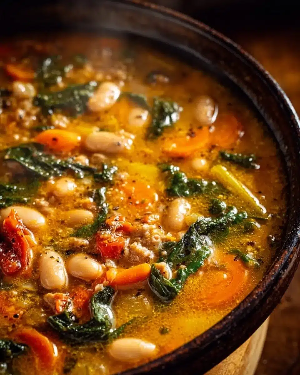 Bowl of delicious Tuscan white bean soup garnished with herbs and spices