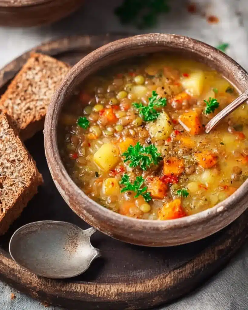 Bowl of delicious vegetarian lentil soup with vegetables and spices