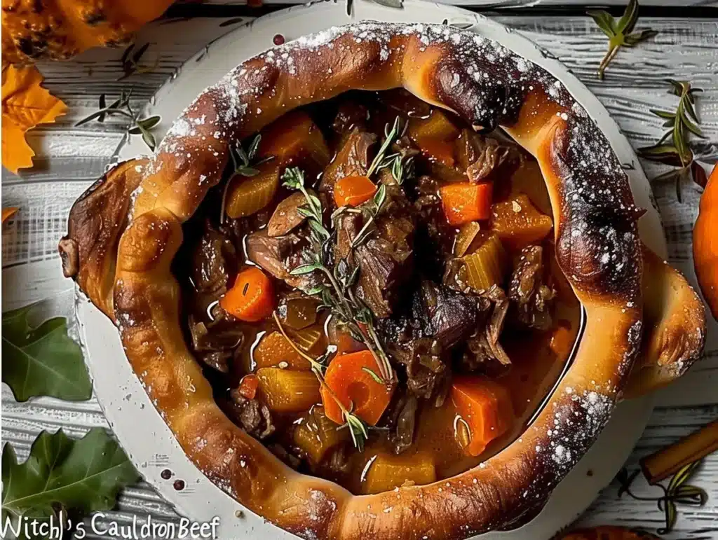Witch’s Cauldron Beef Stew in a rustic bowl with herbs and spices