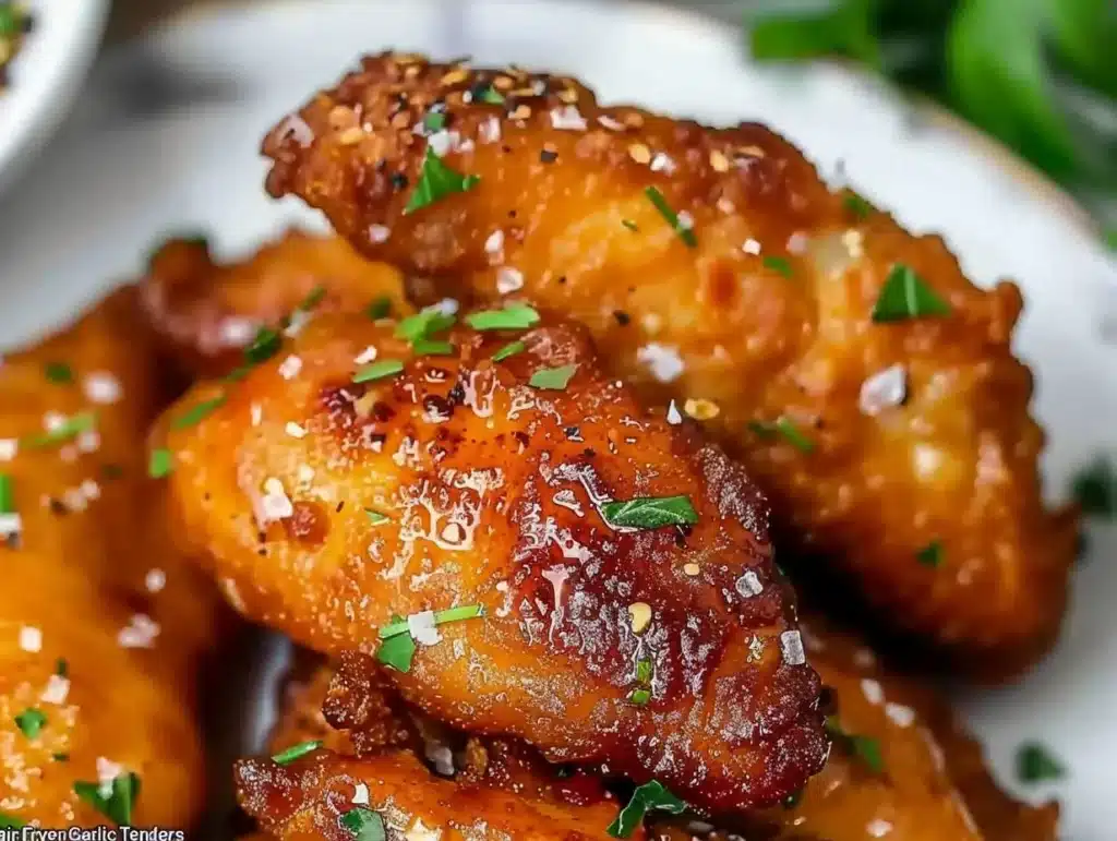 Air Fryer Honey Butter Garlic Chicken Tenders served with dipping sauce