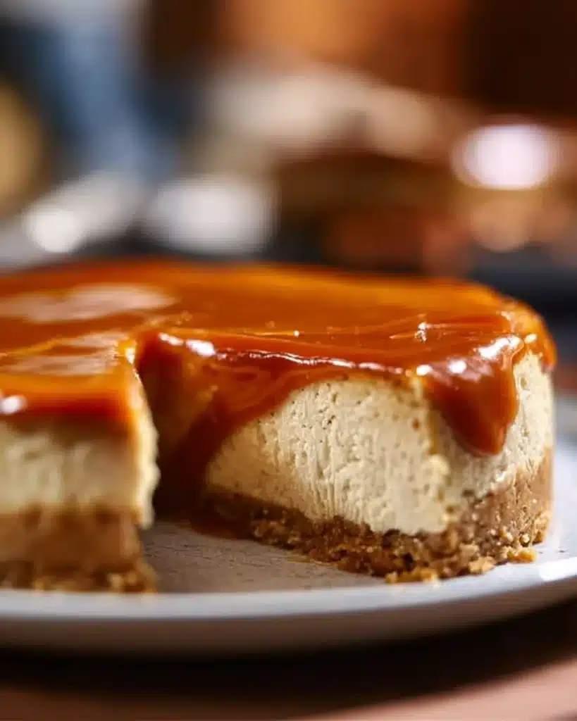 Delicious apple cider cheesecake topped with caramel and cinnamon slices
